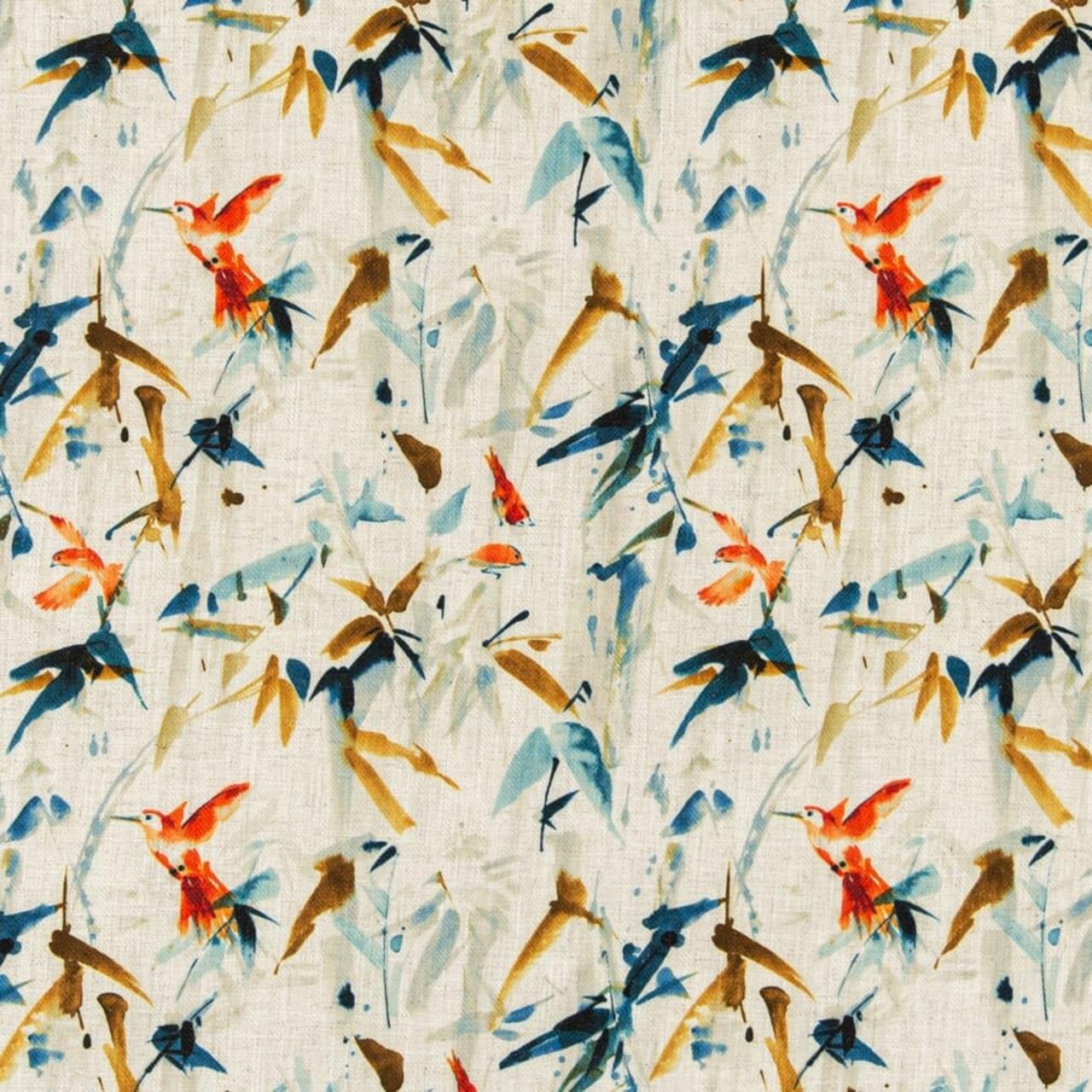 Blue Orange Stain Resistant Performance Leaves Botanical Print Upholstery Fabric by The Yard - SKU: Ellison Fiesta
